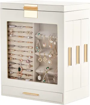 - Gift for Women 4-Drawer Jewelry Box with Clear Acrylic Front - White bite uncanny surpass vacancy scrub Wooden Jewelry Organizer with Pink Velvet Lining,for Rings, Necklaces & Earrings 