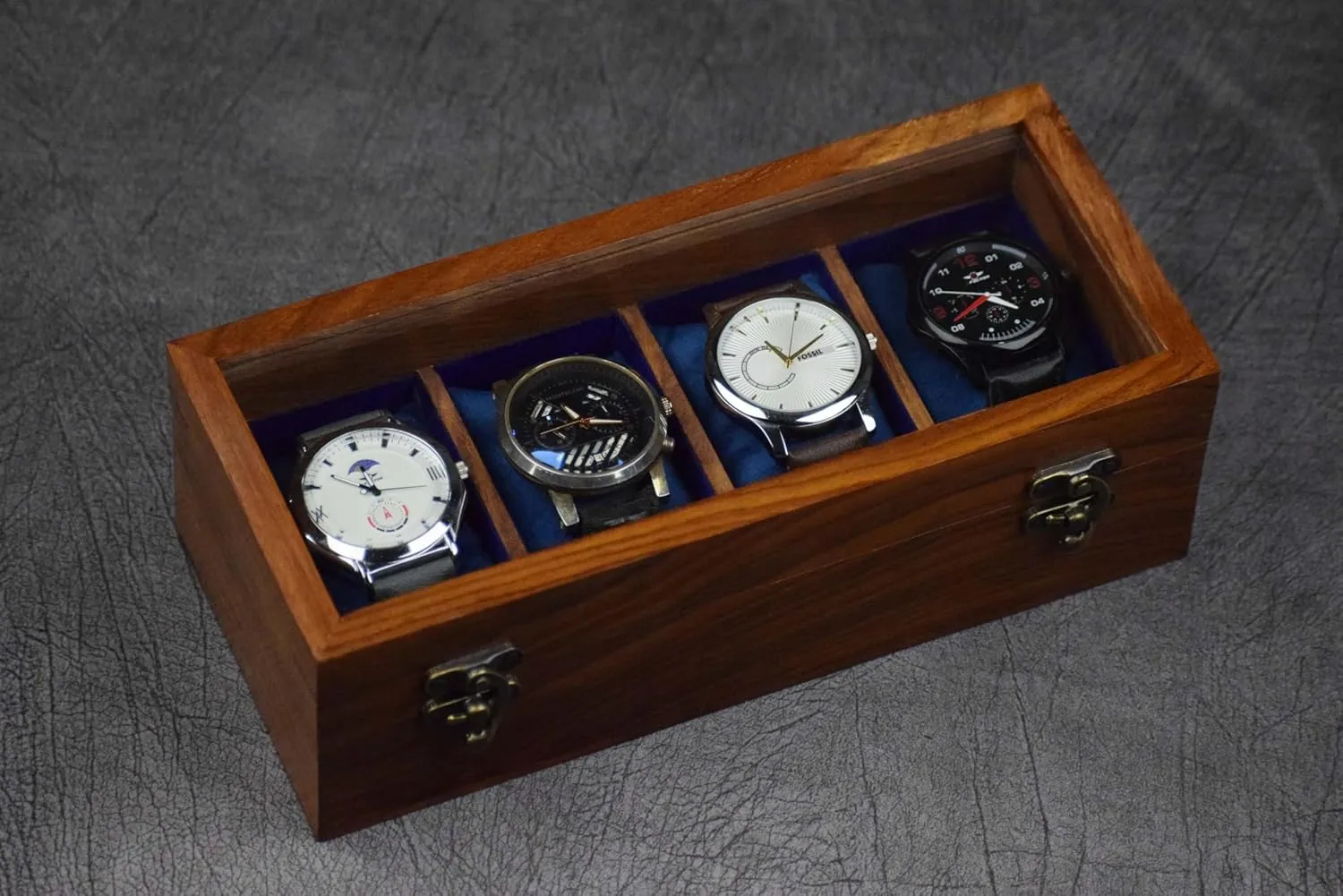 | Wood Glass Watch Box Case Organizer | Indian Rosewood Watch crown sympathetic Boxes Watch Box Organizer for Men ?C 4 Slot Watch Box | Luxury Watch Case for Men | Mens Watch Dispay Case 
