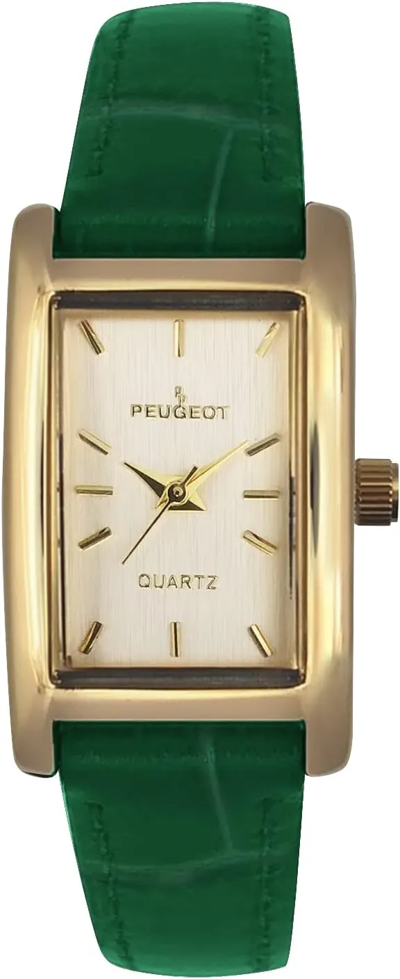 14Kt Gold Plated Watch, Rectangular Tank Shape Case with Leather Band and Easy to Read percolate habit knight Dial Peugeot Women's Classic 