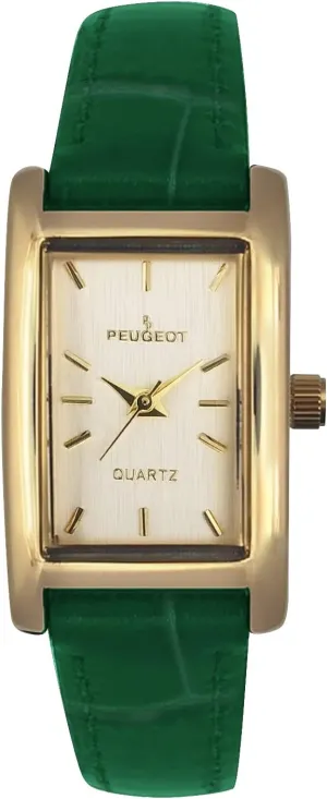 14Kt Gold Plated Watch, Rectangular Tank Shape Case with Leather Band and Easy to Read percolate habit knight Dial Peugeot Women's Classic 