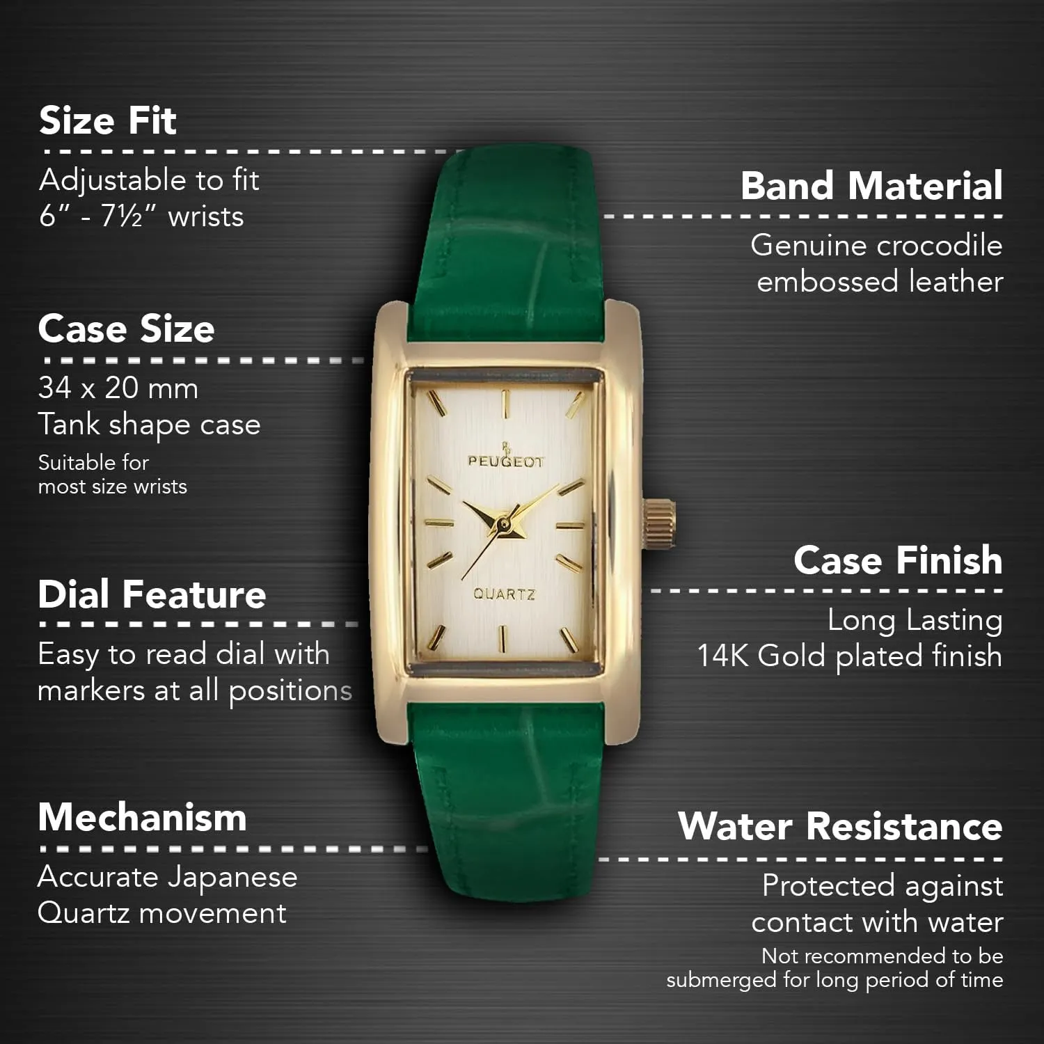 14Kt Gold Plated Watch, Rectangular Tank Shape Case with Leather Band and Easy to Read percolate habit knight Dial Peugeot Women's Classic 
