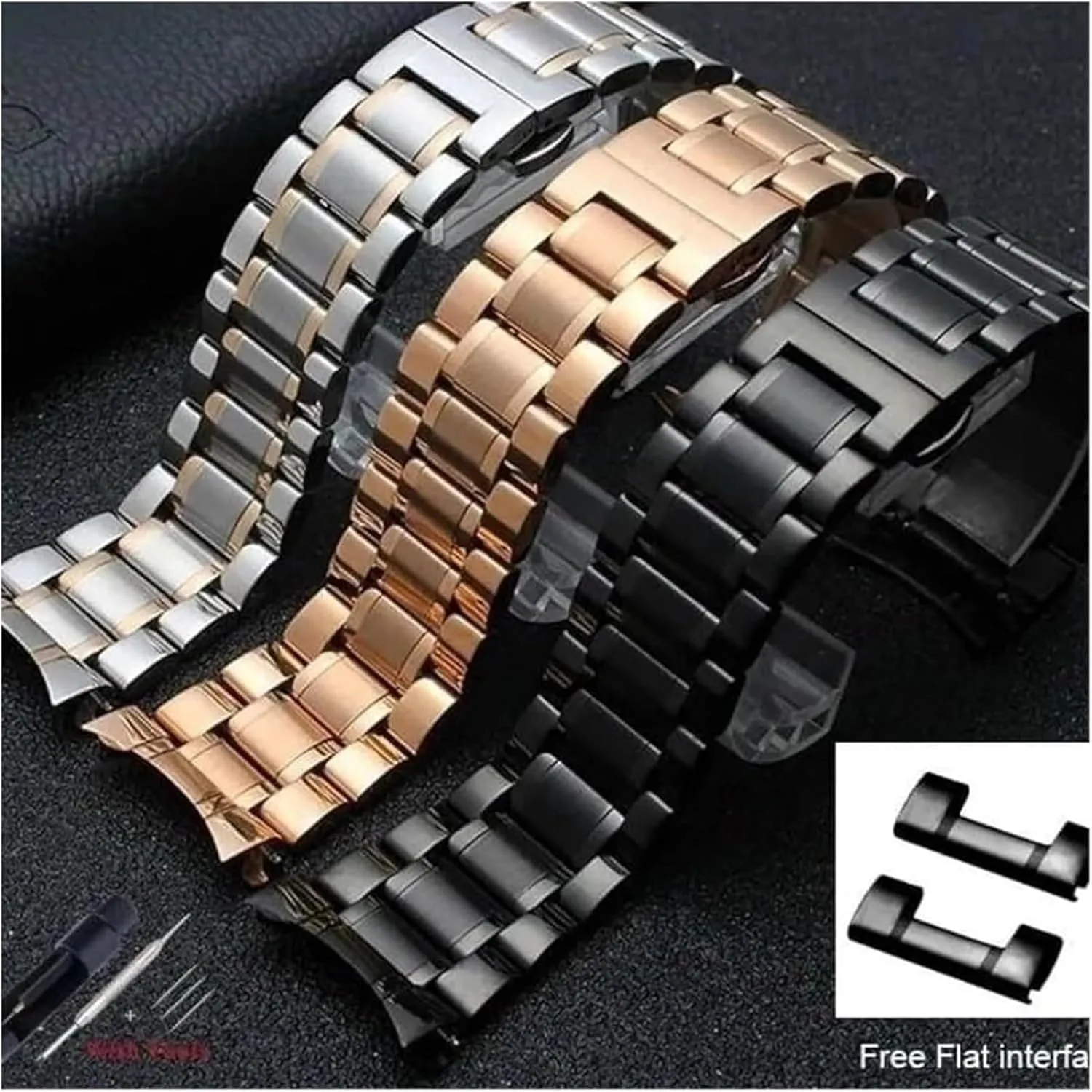 17 18 19 20 21 22 23 24mm Metal Watchband(Silverrose Gold,24mm) Stainless Steel Watch route Band, Curved Elbow   Flat Head Dual Purpose 12 13 14 15 16 