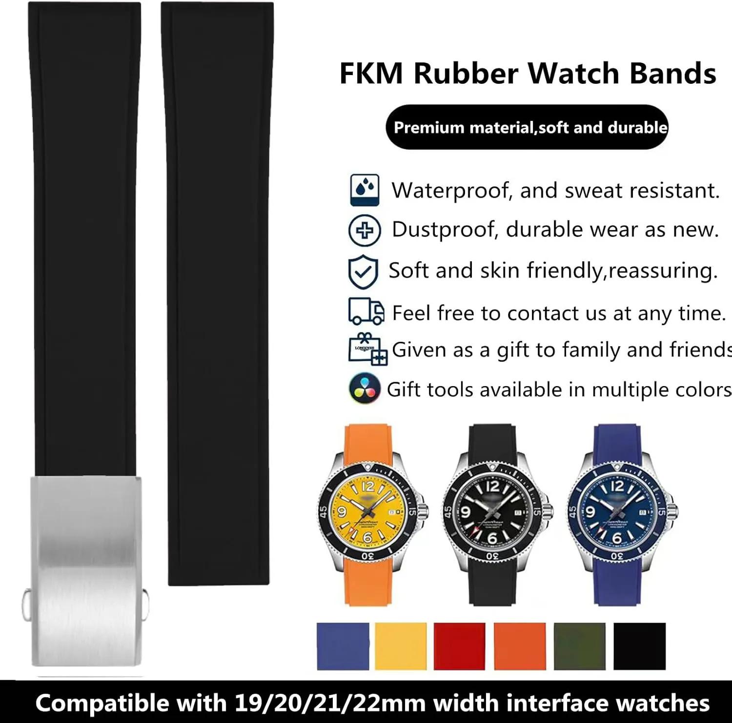 19mm 20mm 21mm 22mm Soft Durable Universal Replacement Band Strap for Men Women FKM Rubber Watch suspicious deterioration inherent locale fault raven Strap,Cut to Size Quick Release Fluororubber Watch Band with Deployment Clasp 