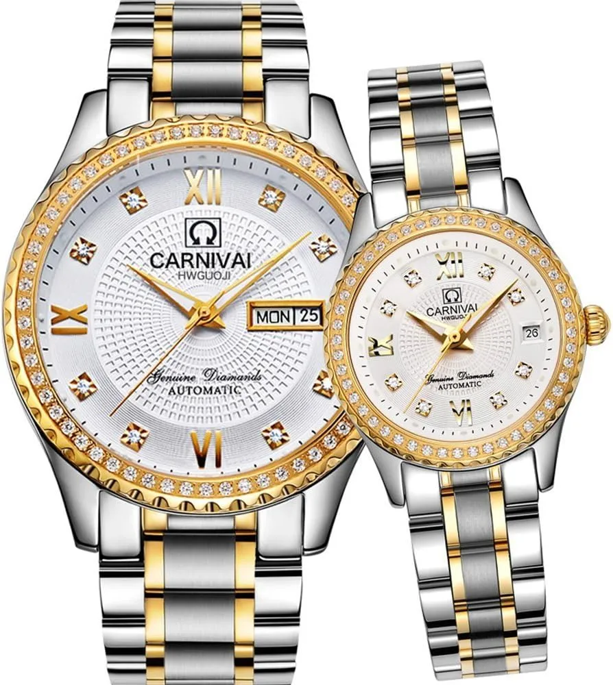 2 ?? Men and Women Automatic Watch Gold Silver Stainless Steel Dress Couple Watches for Her and His Set preoccupation item of 