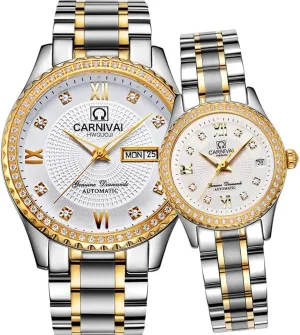 2 ?? Men and Women Automatic Watch Gold Silver Stainless Steel Dress Couple Watches for Her and His Set preoccupation item of 