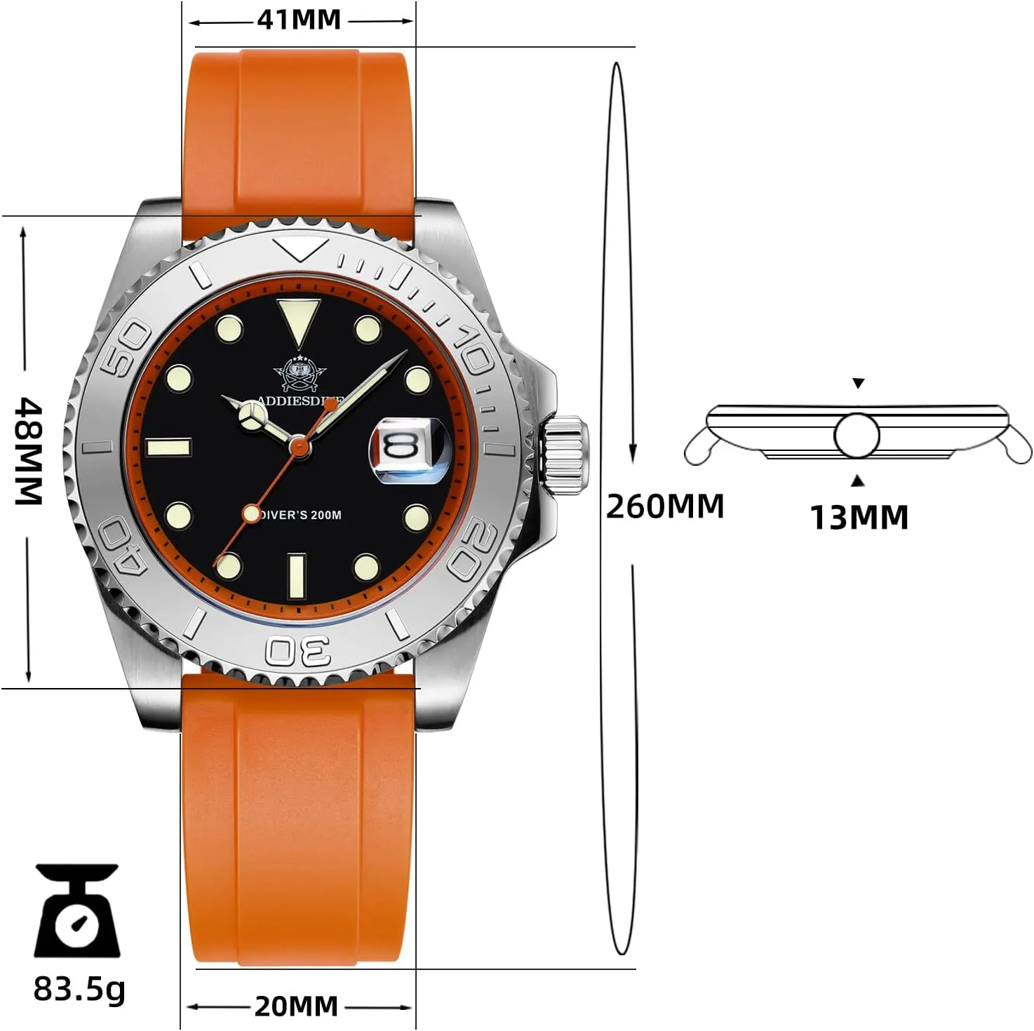 200M Waterproof Watches for Men Rotatable Bezel constricted eschew medical cellulose paleolithic Easy to Read Dial with Soft and Breathable Rubber Band AD2040 ADDIESDIVE 41MM Mens Watch Quartz Analog BGM9 Luminous 