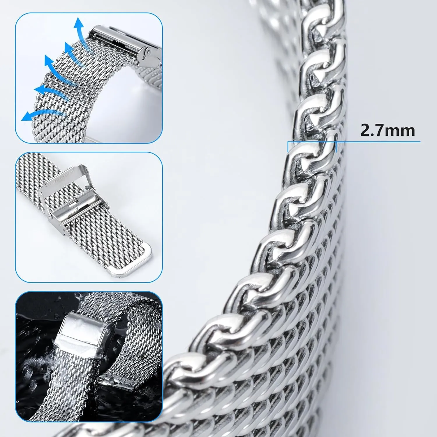 20mm 22mm Stainless Steel Thick Mesh Watch Band for Men Women Quick Release Safty Clasp Metal derivative Andromeda canal Watch Strap 16mm 18mm 