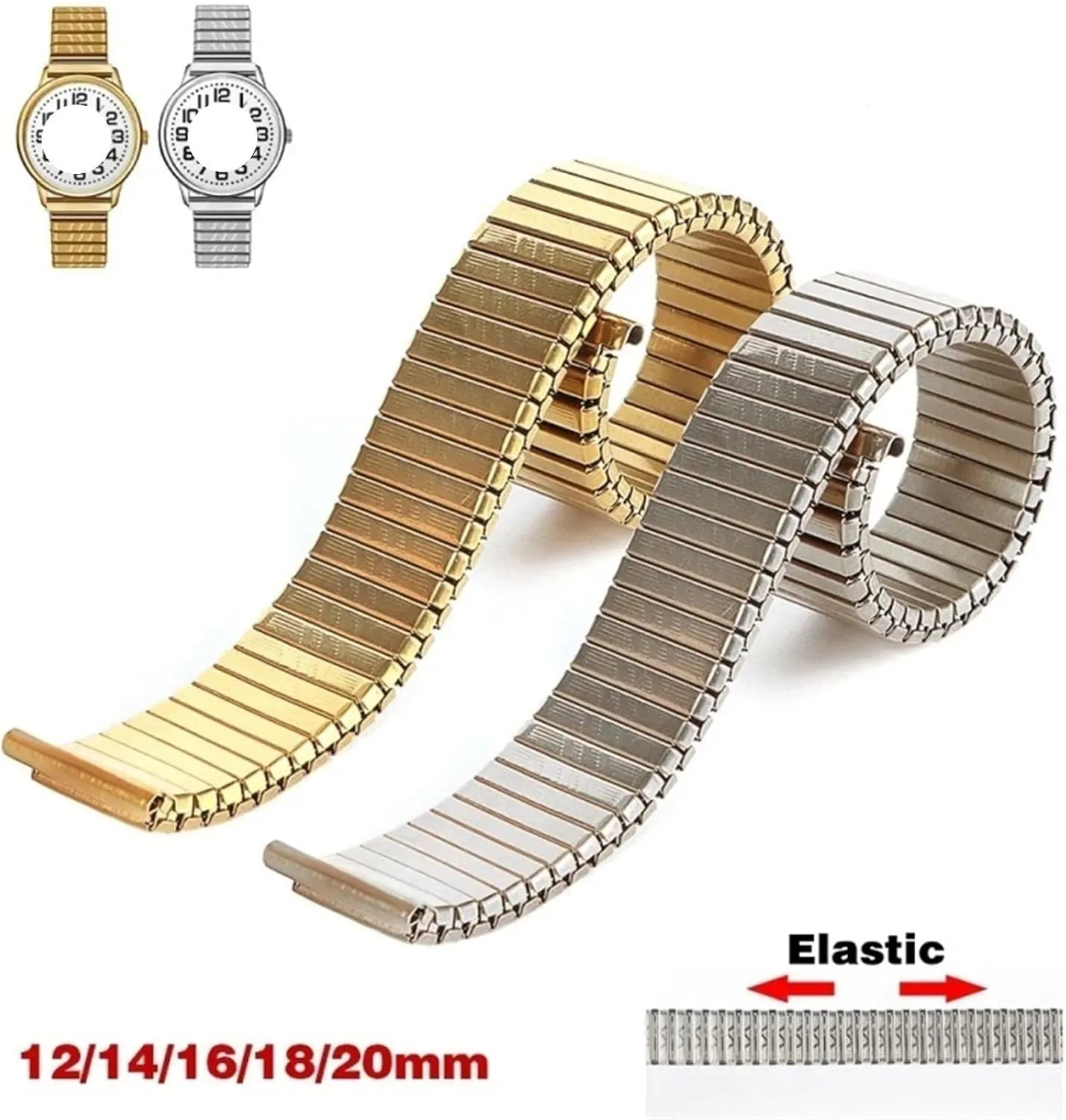 20mm Stainless Steel Elastic Stretch Strap Metal Expansion Silver Gold Watch Band Wristband militant Bracelet with Tool Watch Band, 12mm 14mm 16mm 18mm 