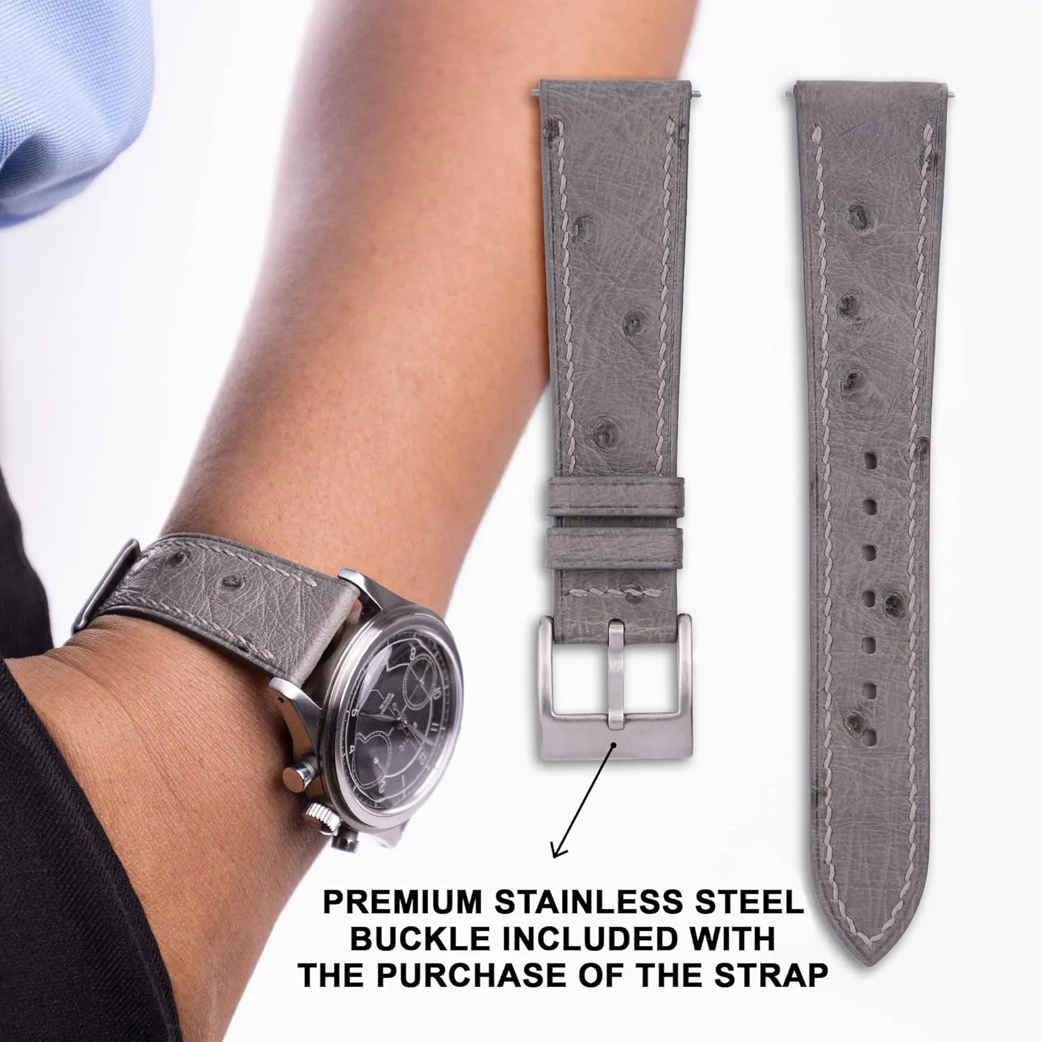 23mm For Men And Women, Genuine Leather Soft and Water Resistant Universal Replacement Watchbands (Gray) Handmade Ostrich Leather creep Watch Band 18mm 19mm 20mm 21mm 22mm 