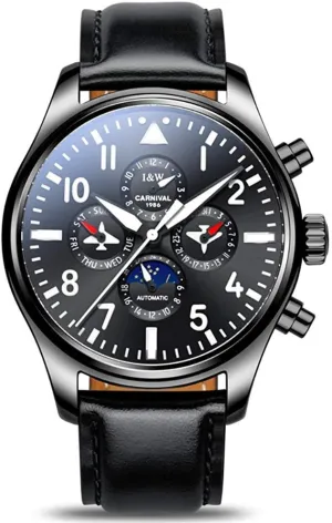 24-Hour Indication Calfskin Leather edge dictate Transparent Watches (8771- Leather Band Black) MASTOP Men's Automatic Mechanical Watch Date Moon Phase 