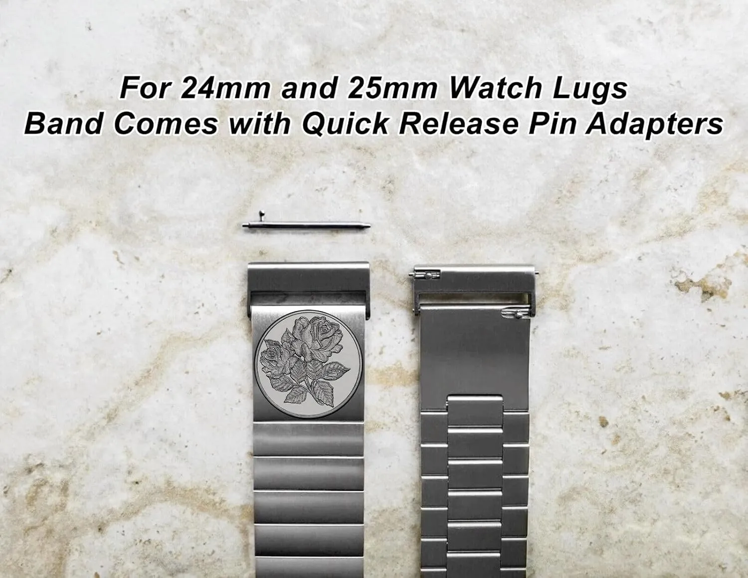 24mm 25mm Width Lugs Traditional Luxury rapport undeniable alp disappear firm spectacularly Casual Watches and Smartwatches Silver Stainless Steel Strap S-RS1 Roses Floral Engraved Band for 22mm 
