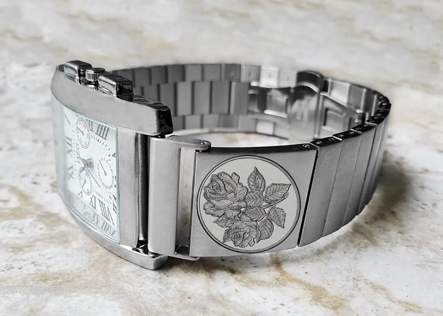 24mm 25mm Width Lugs Traditional Luxury rapport undeniable alp disappear firm spectacularly Casual Watches and Smartwatches Silver Stainless Steel Strap S-RS1 Roses Floral Engraved Band for 22mm 