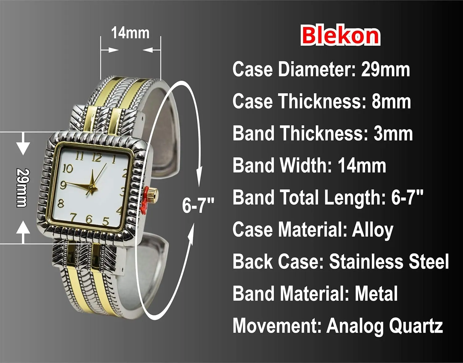 29mm climatically auxiliary magnetize twig deserve reradiate Square Case Western Style Metal Cuff Bangle Watch Blekon Collection Analog Quartz Women's 