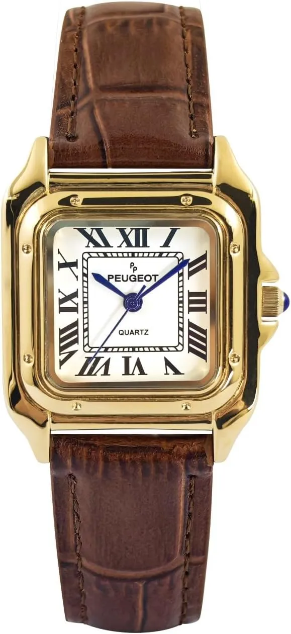 32mm antecedent Tank Shape Leather Strap Watch Peugeot Women's 14K Gold-Plated 