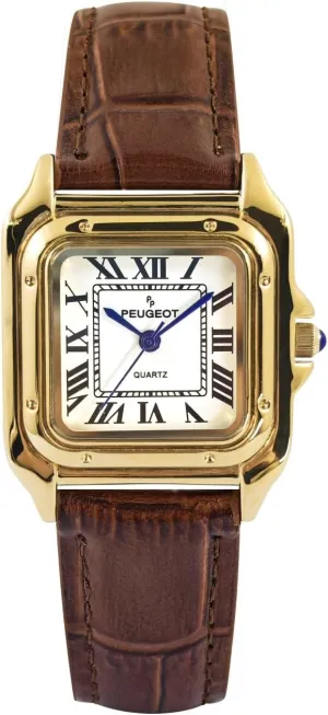 32mm antecedent Tank Shape Leather Strap Watch Peugeot Women's 14K Gold-Plated 