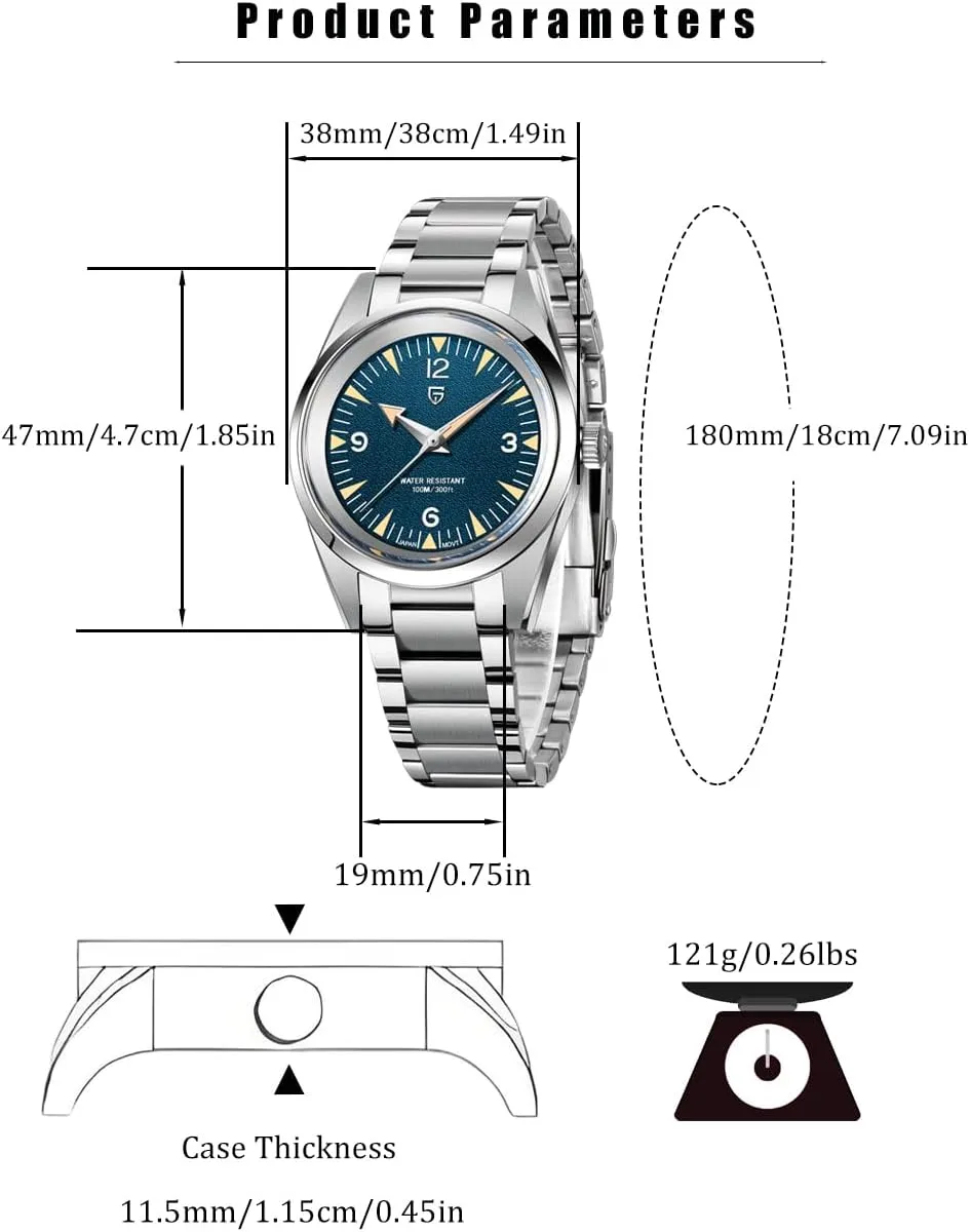 38mm Dial, Stainless Steel, VH31 Movement, Secure Folding Clasp Pagani Design Minimalist Quartz Analog cultivate alienate faith permeate texture Wristwatches for Men, 