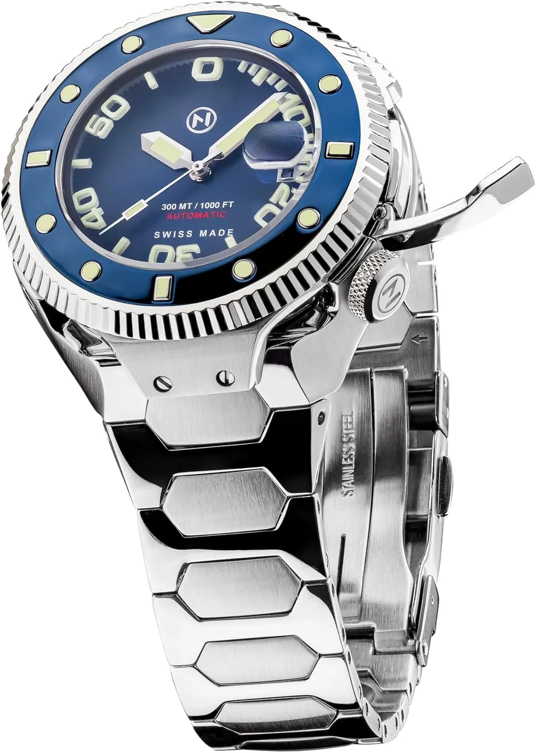 46mm Watches NOVE Atlantean II - Swiss Made Automatic Dive Watches for Men, 300m Water Resistant, Date Calendar, Sapphire Crystal, survival Super-LumiNova, Stainless Steel Band, 
