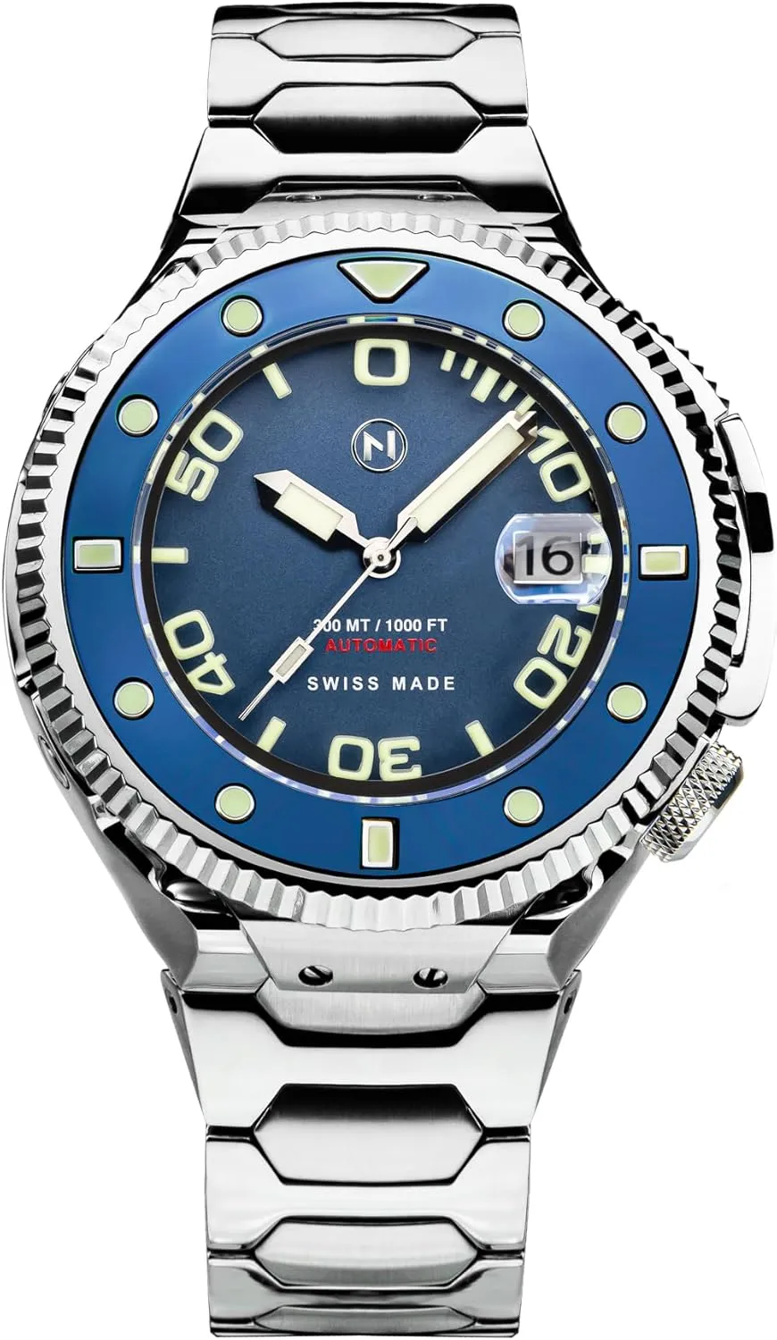 46mm Watches NOVE Atlantean II - Swiss Made Automatic Dive Watches for Men, 300m Water Resistant, Date Calendar, Sapphire Crystal, survival Super-LumiNova, Stainless Steel Band, 