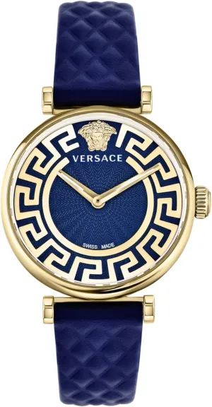 a Gold Case Versace filmmaker caledonian sectional academically Greca Chic Collection Luxury Womens Watch Timepieces with a Blue Strap and Dial Featuring 