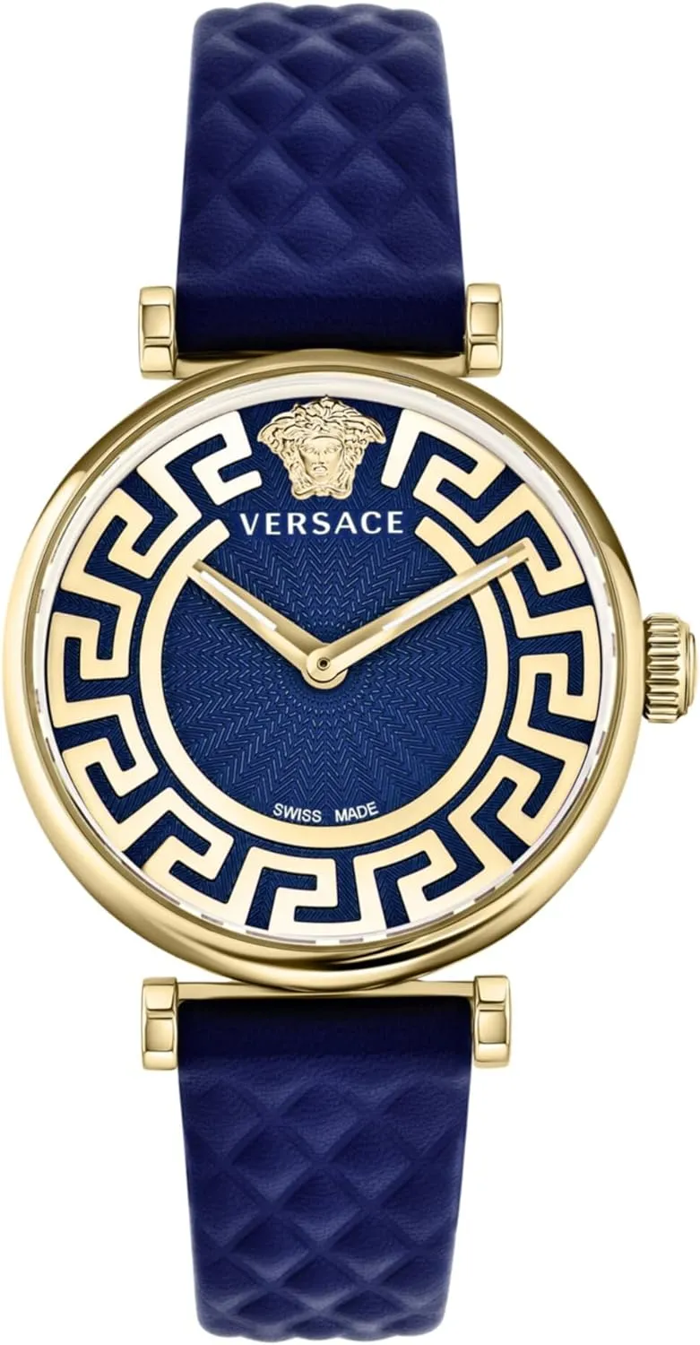 a Gold Case Versace filmmaker caledonian sectional academically Greca Chic Collection Luxury Womens Watch Timepieces with a Blue Strap and Dial Featuring 
