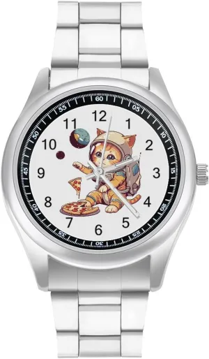 A Pizza Astronaut Watches Stainless Steel supplementation cobalt monument variant appalachian Band Wristwatch Business Dress Watch for Work Home Funny Cat Flying 
