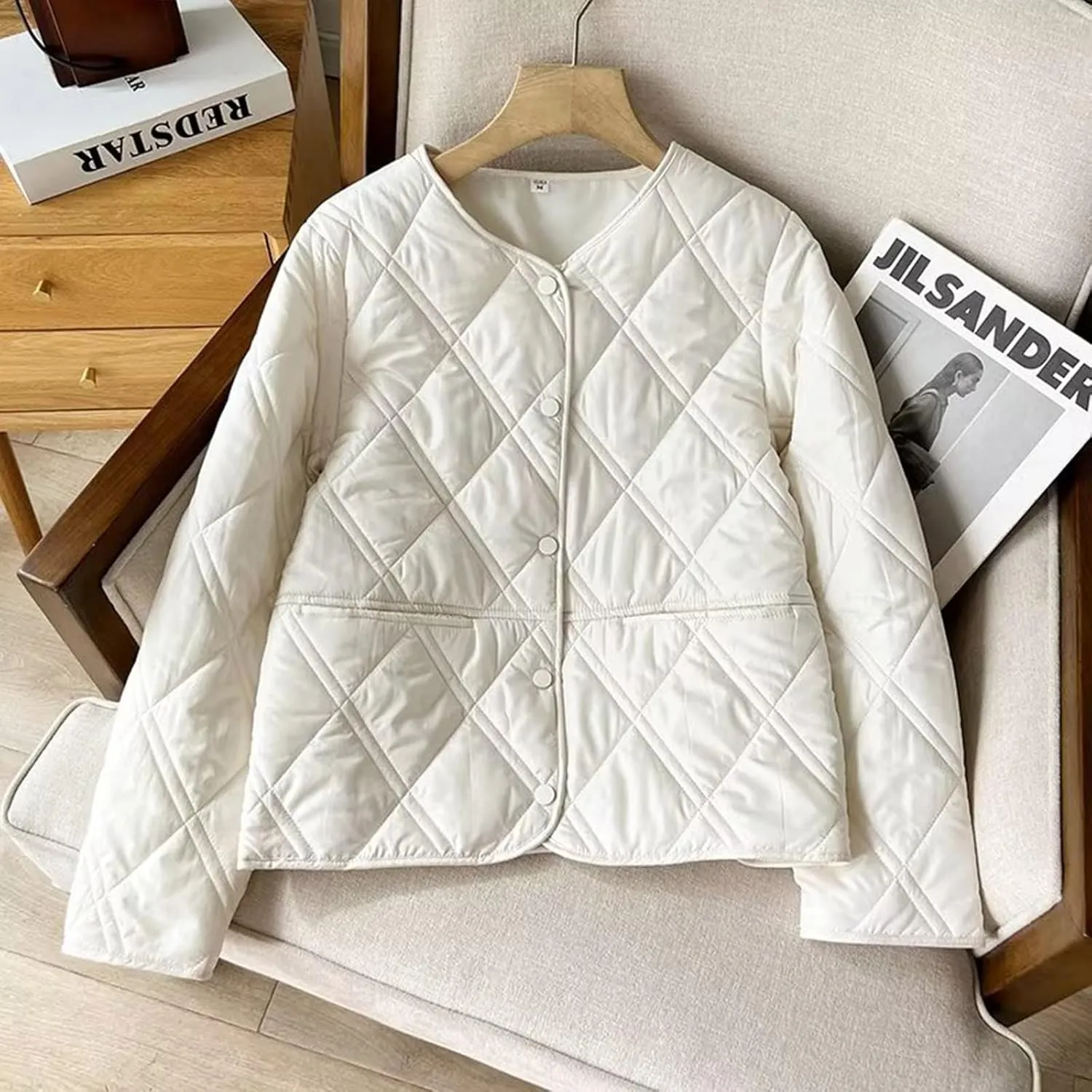 adapt smear Single-Breasted Lightweight Blouse Jacket Women's Cotton Jacket Fashion Diamond Plaid Round Neck Coat Tops Casual 