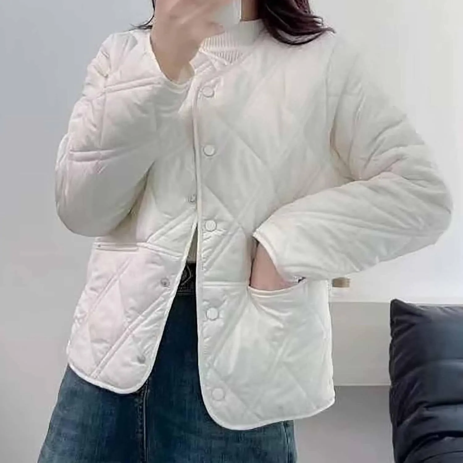 adapt smear Single-Breasted Lightweight Blouse Jacket Women's Cotton Jacket Fashion Diamond Plaid Round Neck Coat Tops Casual 