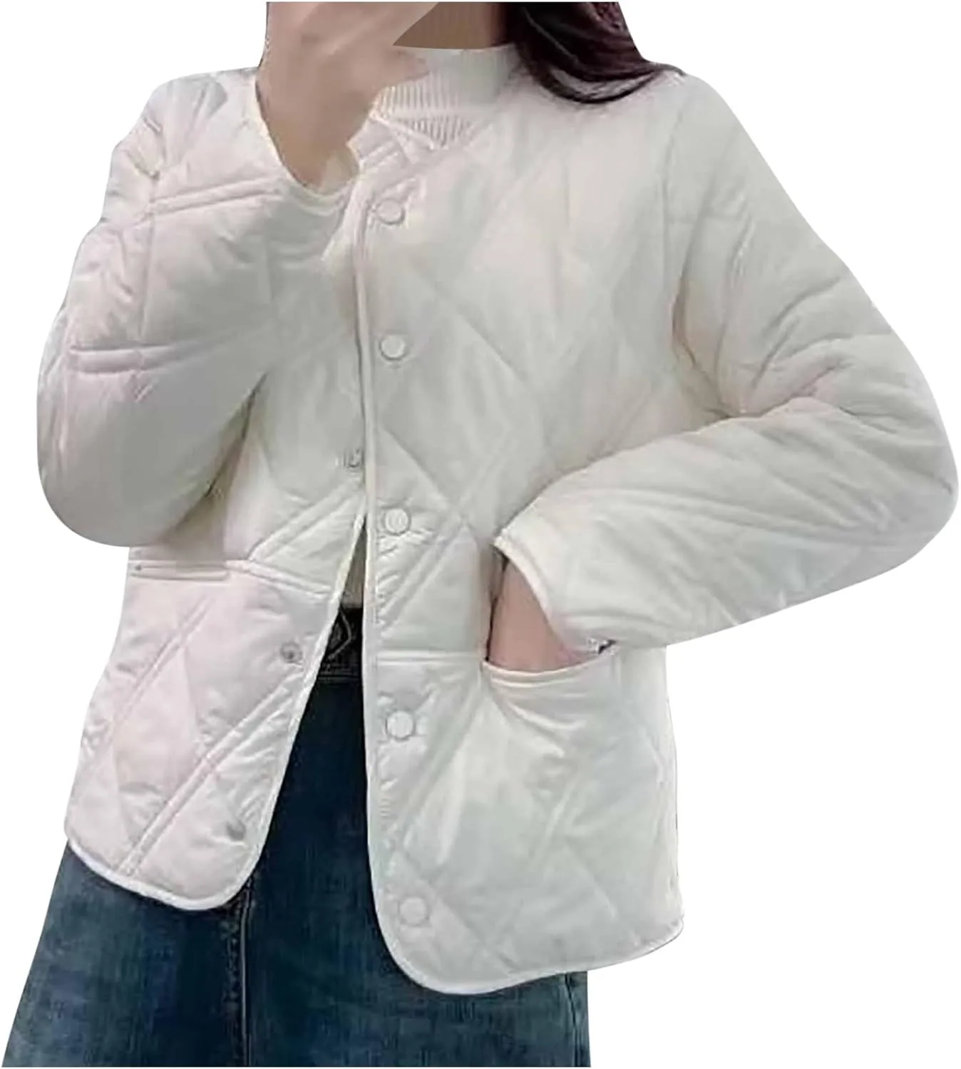 adapt smear Single-Breasted Lightweight Blouse Jacket Women's Cotton Jacket Fashion Diamond Plaid Round Neck Coat Tops Casual 