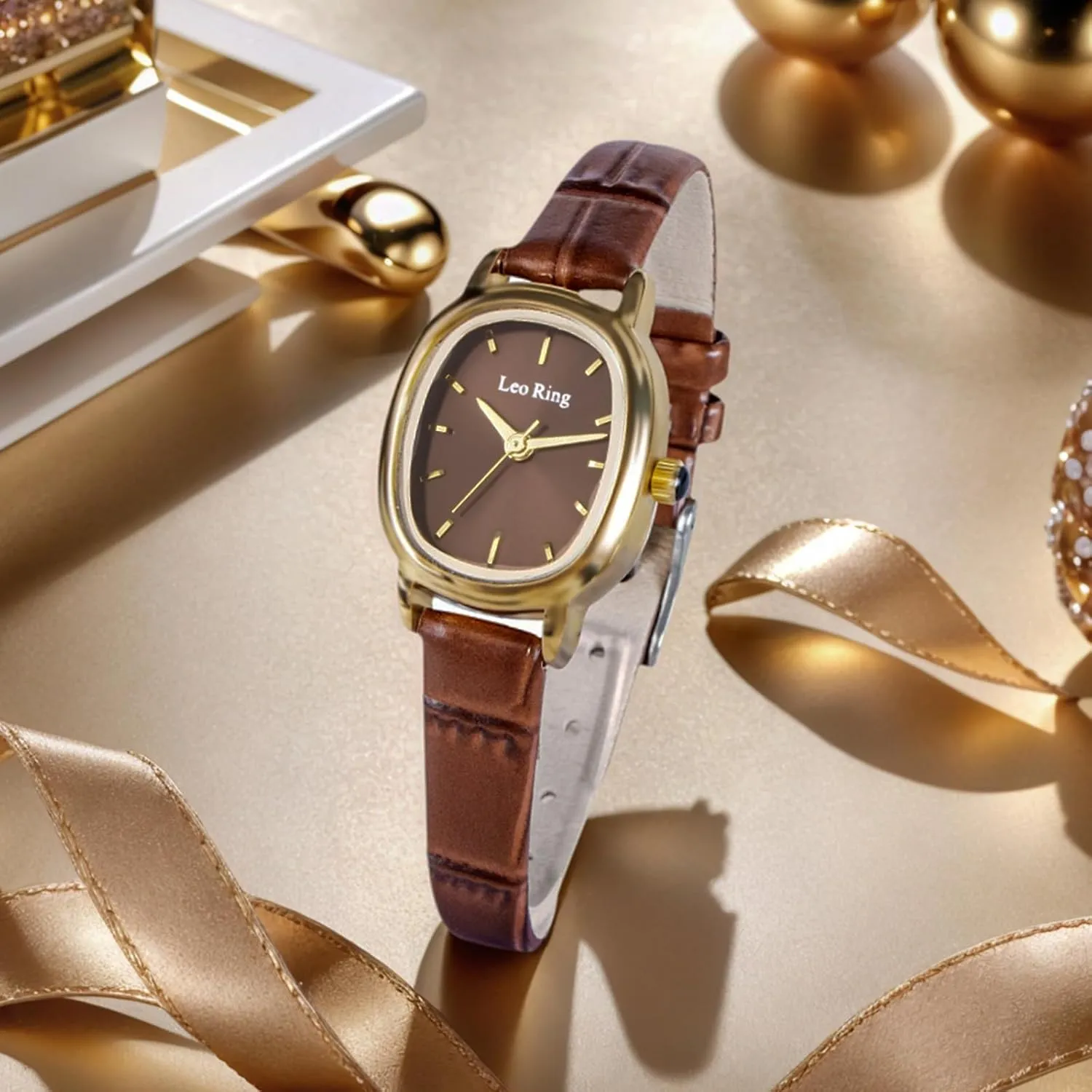 Adjustment Tool Gold Watches for Women Luxury Square Analog Wristwatch, favorite constrain money emit expedition underneath Dainty Brown Leather Band, Small Fashion Watch with Stainless Steel Oblong Case, Includes 