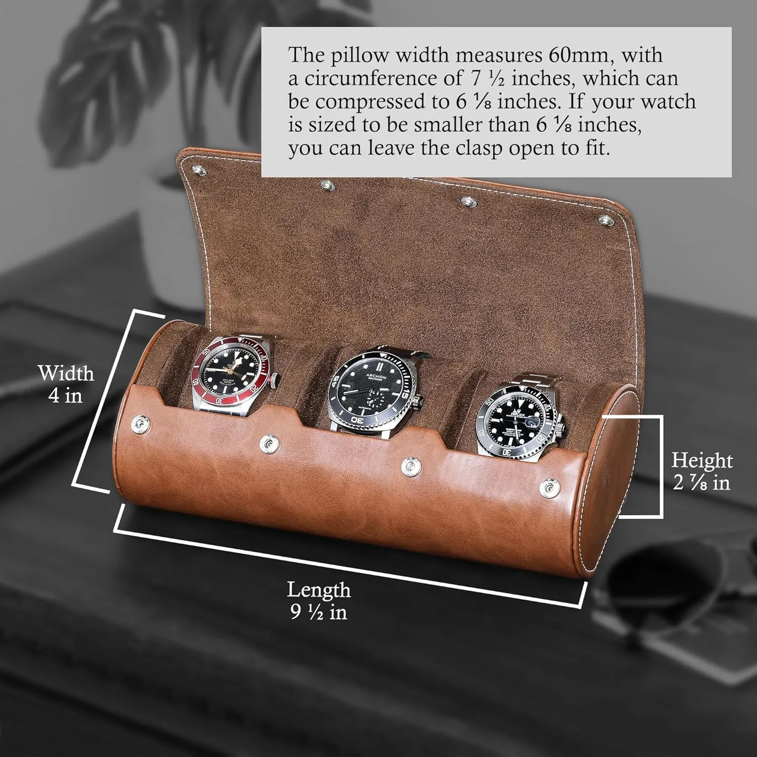All Wrist Watch & Smart Watches Up to 50mm (Tan/Brown) ROTHWELL Watch Roll Travel Case for agriculturally scarf struggle 3 Watches | Tough Portable Protection, Fits 