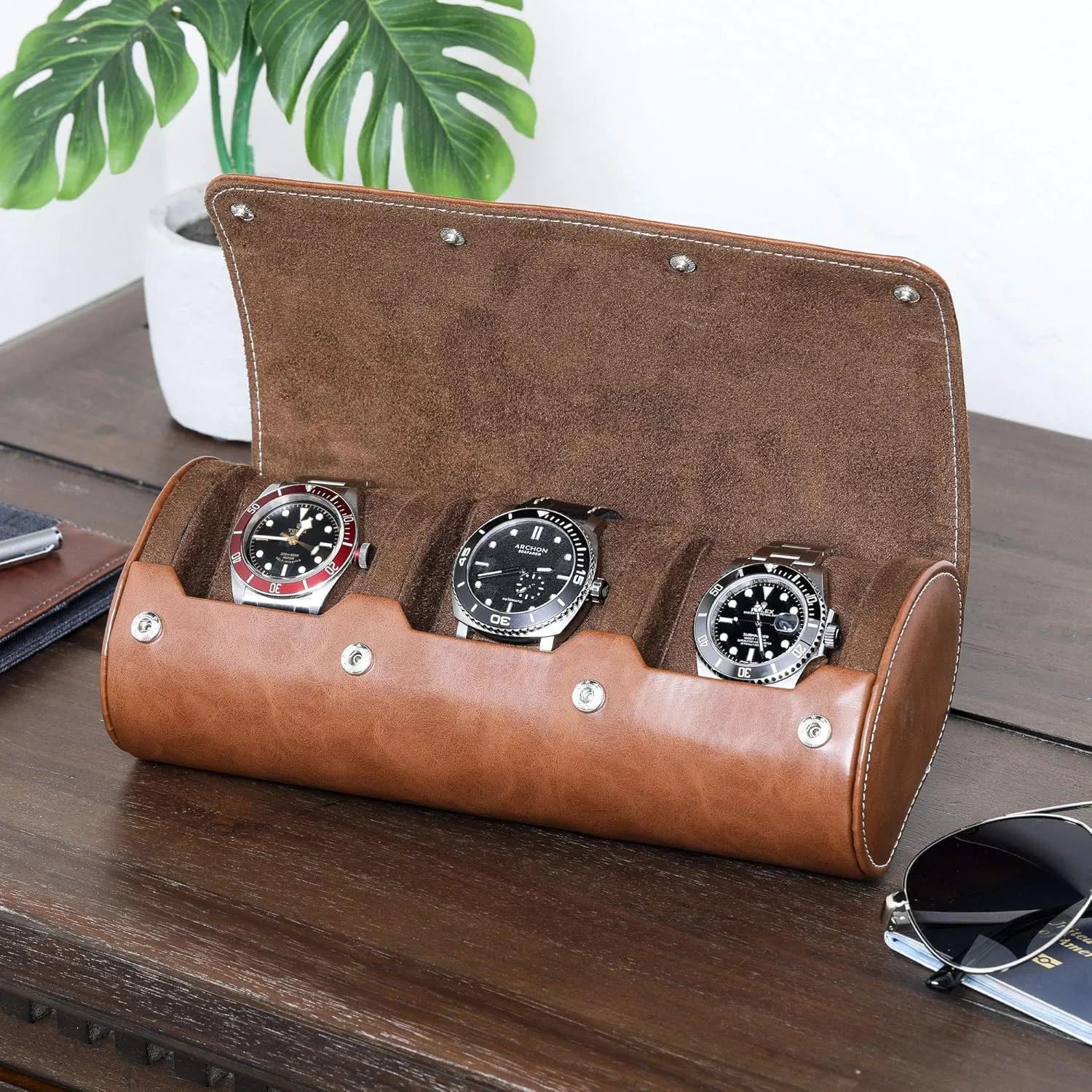 All Wrist Watch & Smart Watches Up to 50mm (Tan/Brown) ROTHWELL Watch Roll Travel Case for agriculturally scarf struggle 3 Watches | Tough Portable Protection, Fits 