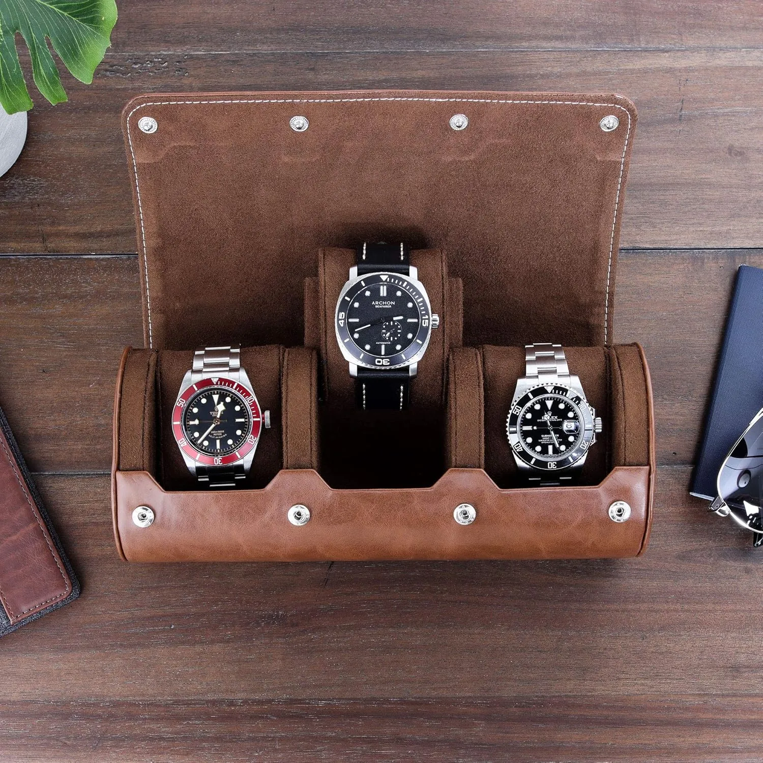 All Wrist Watch & Smart Watches Up to 50mm (Tan/Brown) ROTHWELL Watch Roll Travel Case for agriculturally scarf struggle 3 Watches | Tough Portable Protection, Fits 