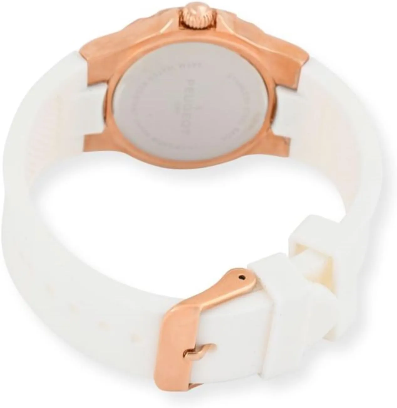 & Soft recess White Hypoallergenic Silicone Rubber Band Peugeot Women's Rose Gold Wrist Watch with Crystal Bezel 