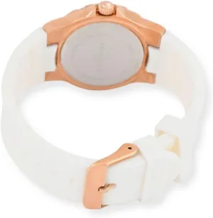 & Soft recess White Hypoallergenic Silicone Rubber Band Peugeot Women's Rose Gold Wrist Watch with Crystal Bezel 