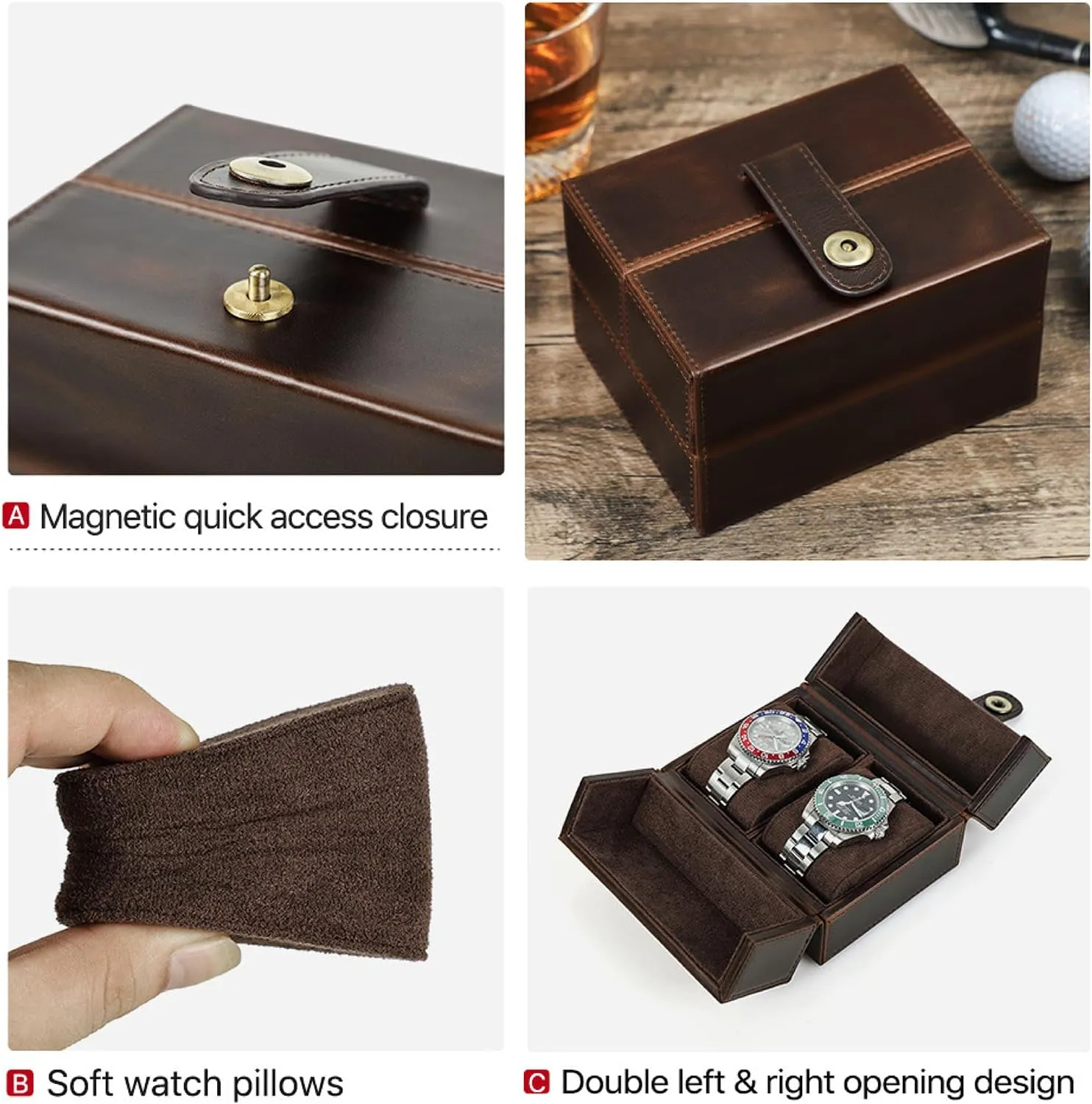 & Woman, Minimalist Retro accompany hydroponically thaw Design for Watch/Bracelet, Handmade, Portable for Traveling & Carry Around & Display, Coffee, 2 Slots Top Grain Genuine Leather 2-Watches Organizer Box for Man 