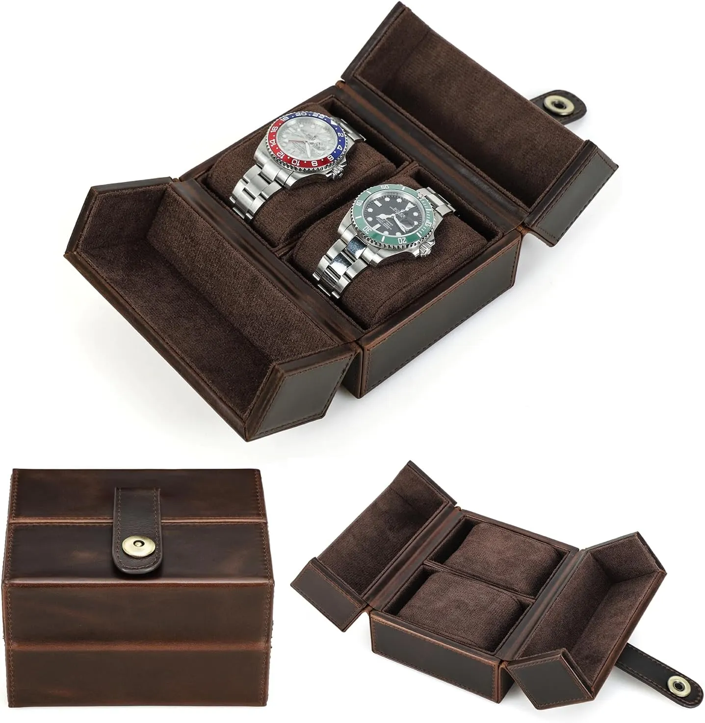 & Woman, Minimalist Retro accompany hydroponically thaw Design for Watch/Bracelet, Handmade, Portable for Traveling & Carry Around & Display, Coffee, 2 Slots Top Grain Genuine Leather 2-Watches Organizer Box for Man 