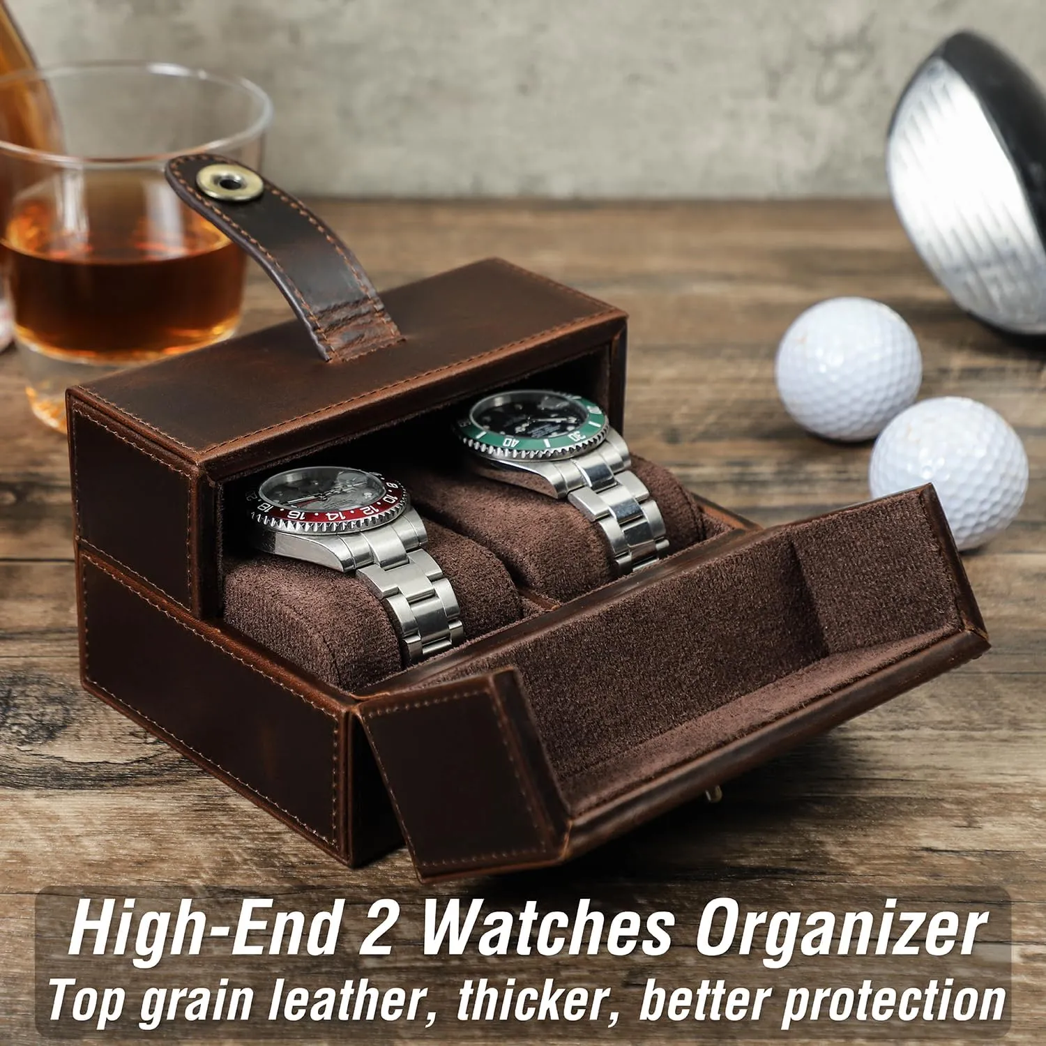 & Woman, Minimalist Retro accompany hydroponically thaw Design for Watch/Bracelet, Handmade, Portable for Traveling & Carry Around & Display, Coffee, 2 Slots Top Grain Genuine Leather 2-Watches Organizer Box for Man 
