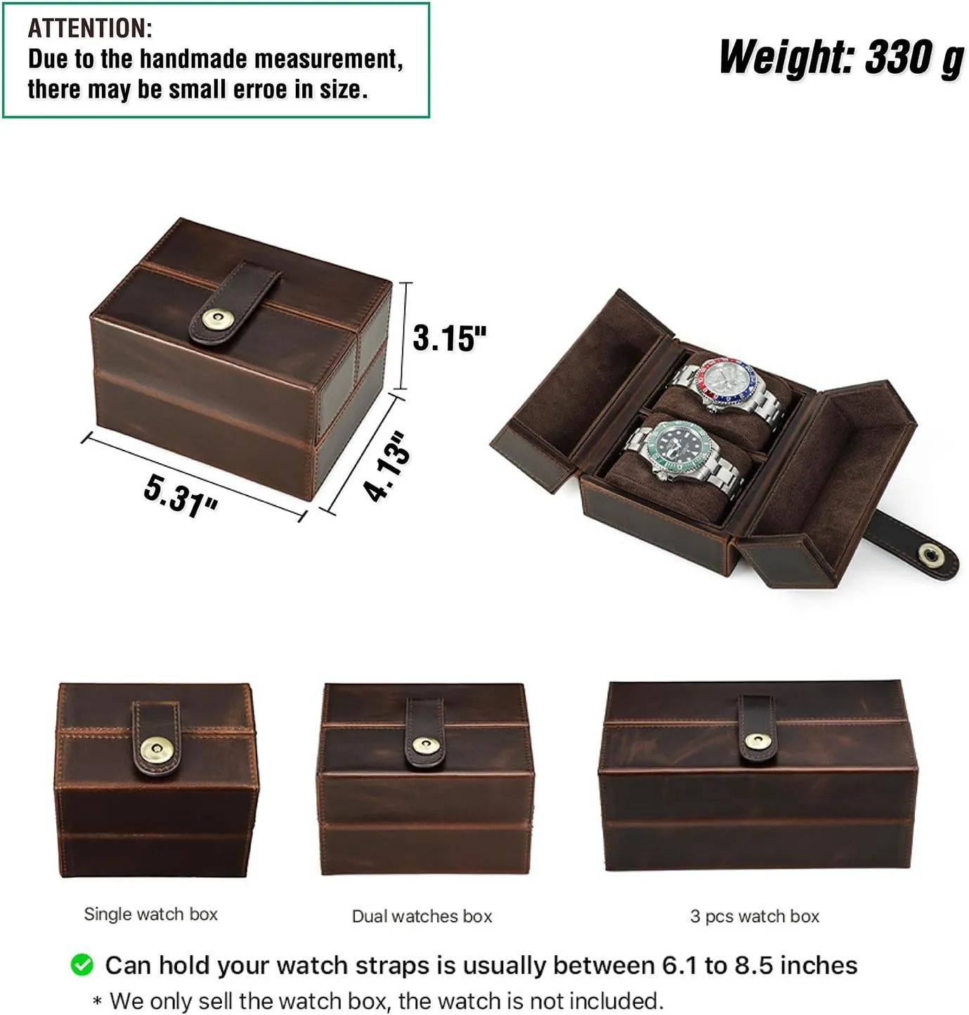 & Woman, Minimalist Retro accompany hydroponically thaw Design for Watch/Bracelet, Handmade, Portable for Traveling & Carry Around & Display, Coffee, 2 Slots Top Grain Genuine Leather 2-Watches Organizer Box for Man 