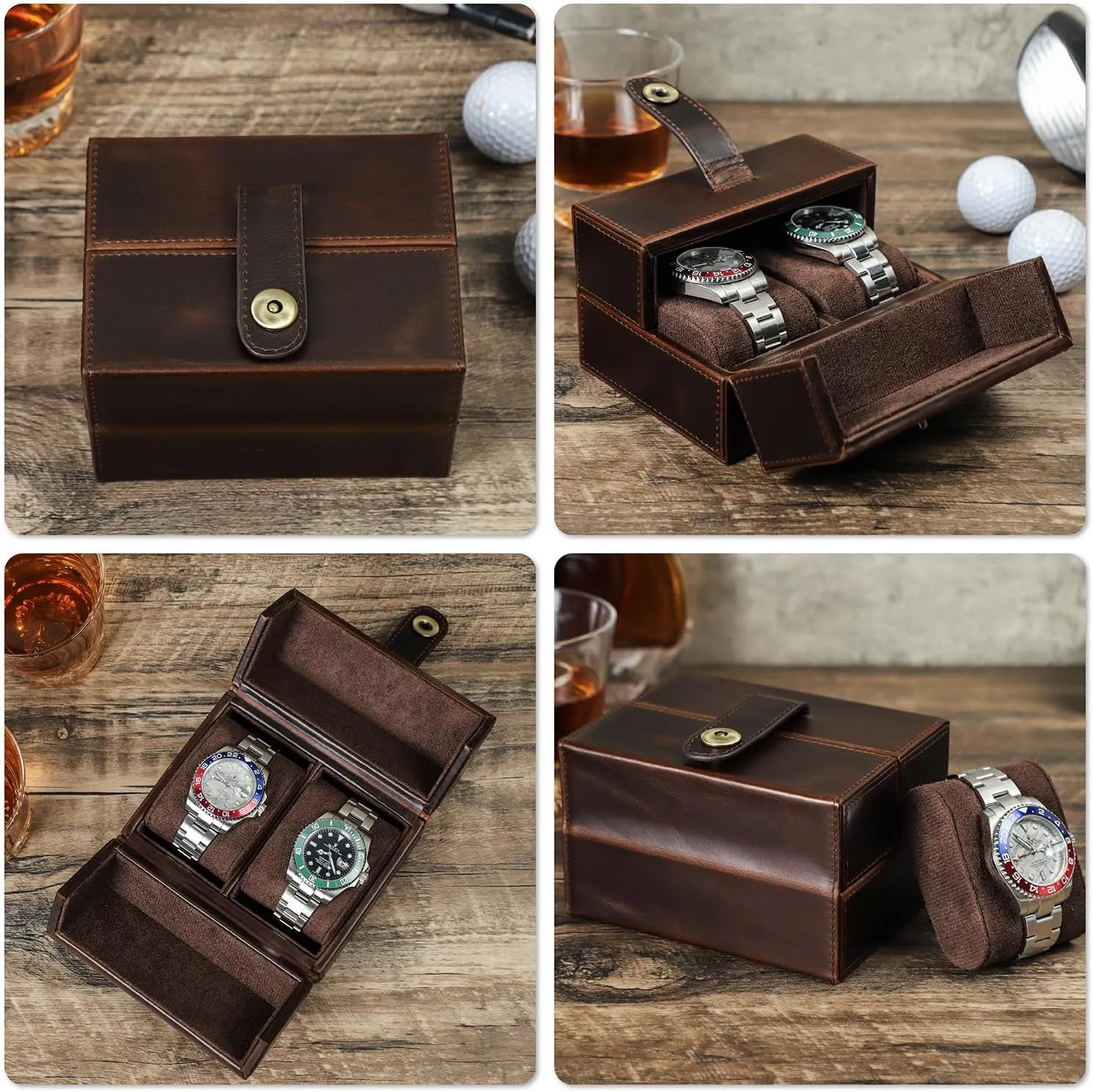 & Woman, Minimalist Retro accompany hydroponically thaw Design for Watch/Bracelet, Handmade, Portable for Traveling & Carry Around & Display, Coffee, 2 Slots Top Grain Genuine Leather 2-Watches Organizer Box for Man 
