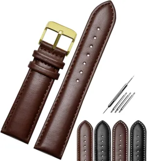 & Women Watch Strap with Stitches Brown Black Color Compatible Most Watches Jaxon Strap Gold Buckle Pin Top Grain Padded Leather Watch Band eletricity festive Premium Watchband Replacement for Men 