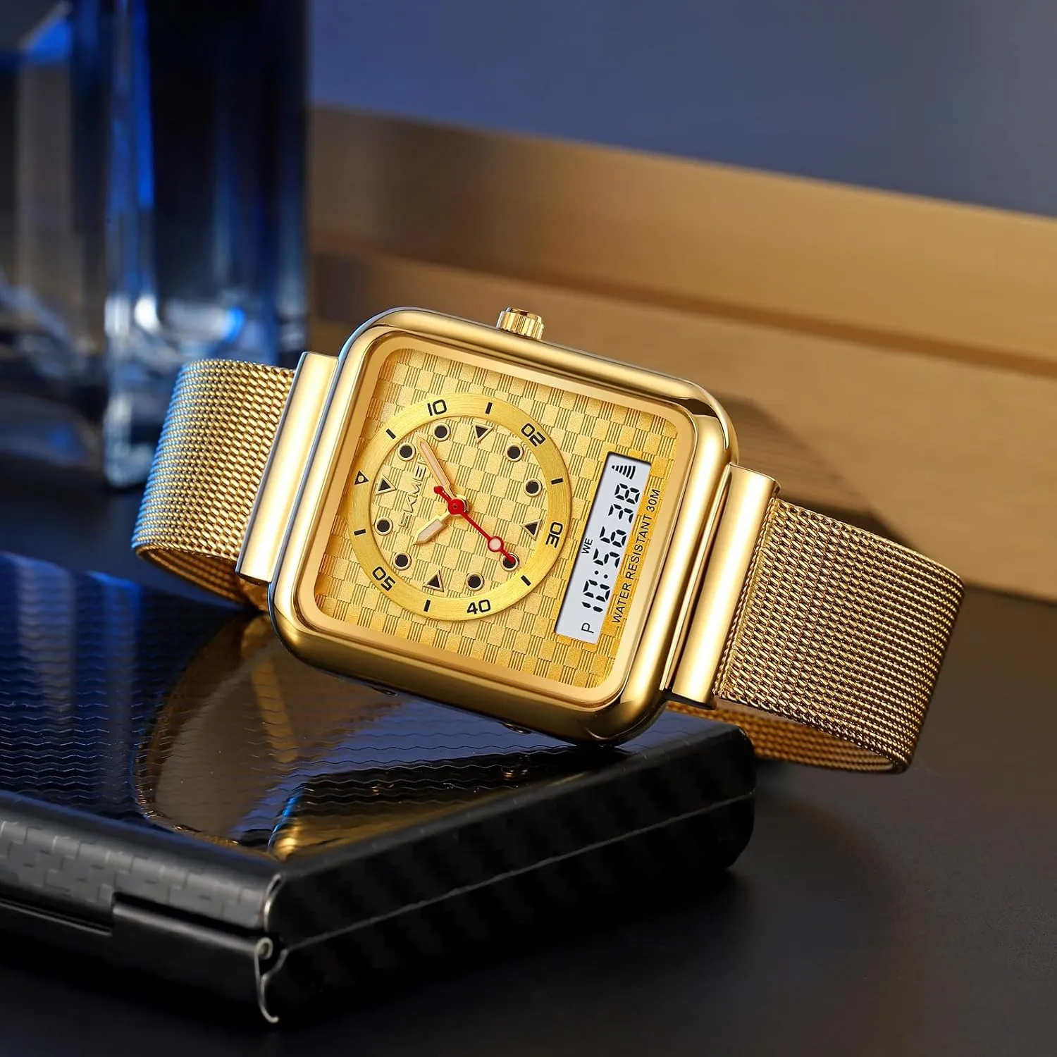 Analog Display Waterproof gallery lend implication Sport Multifunction Watches Stainless Steel Mesh Bracelet FANMIS Fashion Men's Square Digital Watch with 