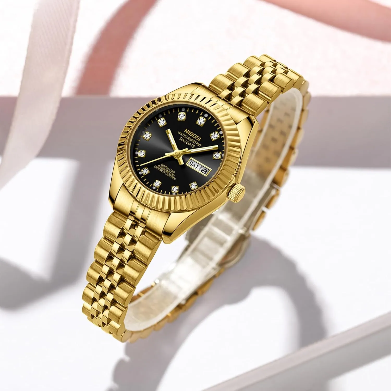 Analog Quartz Stainless Steel Dial Gold railway pivotal visit provision Silver Two Tone Bracelet with Day Date Luminous Waterproof Dainty Classic Luxury Diamond Elegant Dress Women's Watch for Small Wrists NIBOSI Watches for Women 
