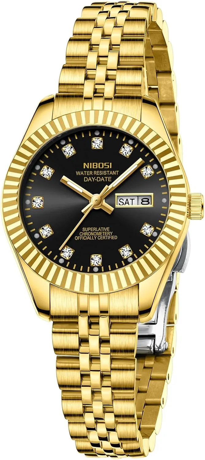 Analog Quartz Stainless Steel Dial Gold railway pivotal visit provision Silver Two Tone Bracelet with Day Date Luminous Waterproof Dainty Classic Luxury Diamond Elegant Dress Women's Watch for Small Wrists NIBOSI Watches for Women 