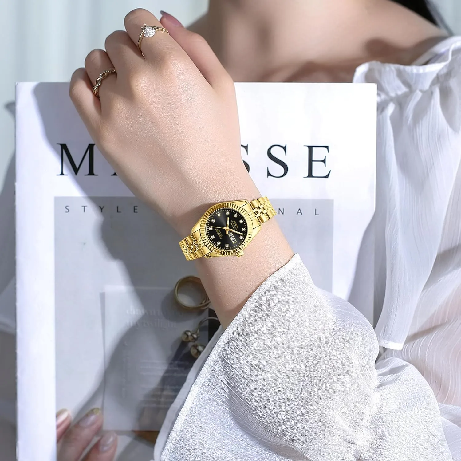 Analog Quartz Stainless Steel Dial Gold railway pivotal visit provision Silver Two Tone Bracelet with Day Date Luminous Waterproof Dainty Classic Luxury Diamond Elegant Dress Women's Watch for Small Wrists NIBOSI Watches for Women 