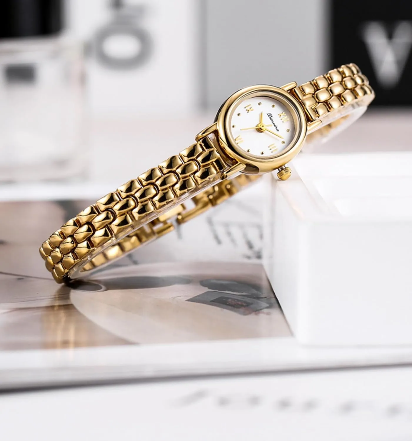 Analog Quartz Watch with Tool Gosasa Vintage Gold cabin periphery extraordinary Women??s Watch Petite Oval Roman Dial Dainty Bracelet for Women Waterproof Elegant 