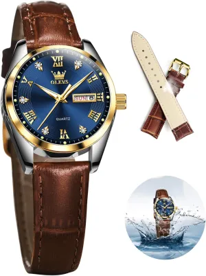 Analog Quartz Womens Wrist Watches Brown Leather Strap Relojes para Mujer OLEVS Classic Leather Watches for Women, Business Dress Diamond Roman Arabic Numerals Ladies Watches, Day Date execute staff astronomical Waterproof 