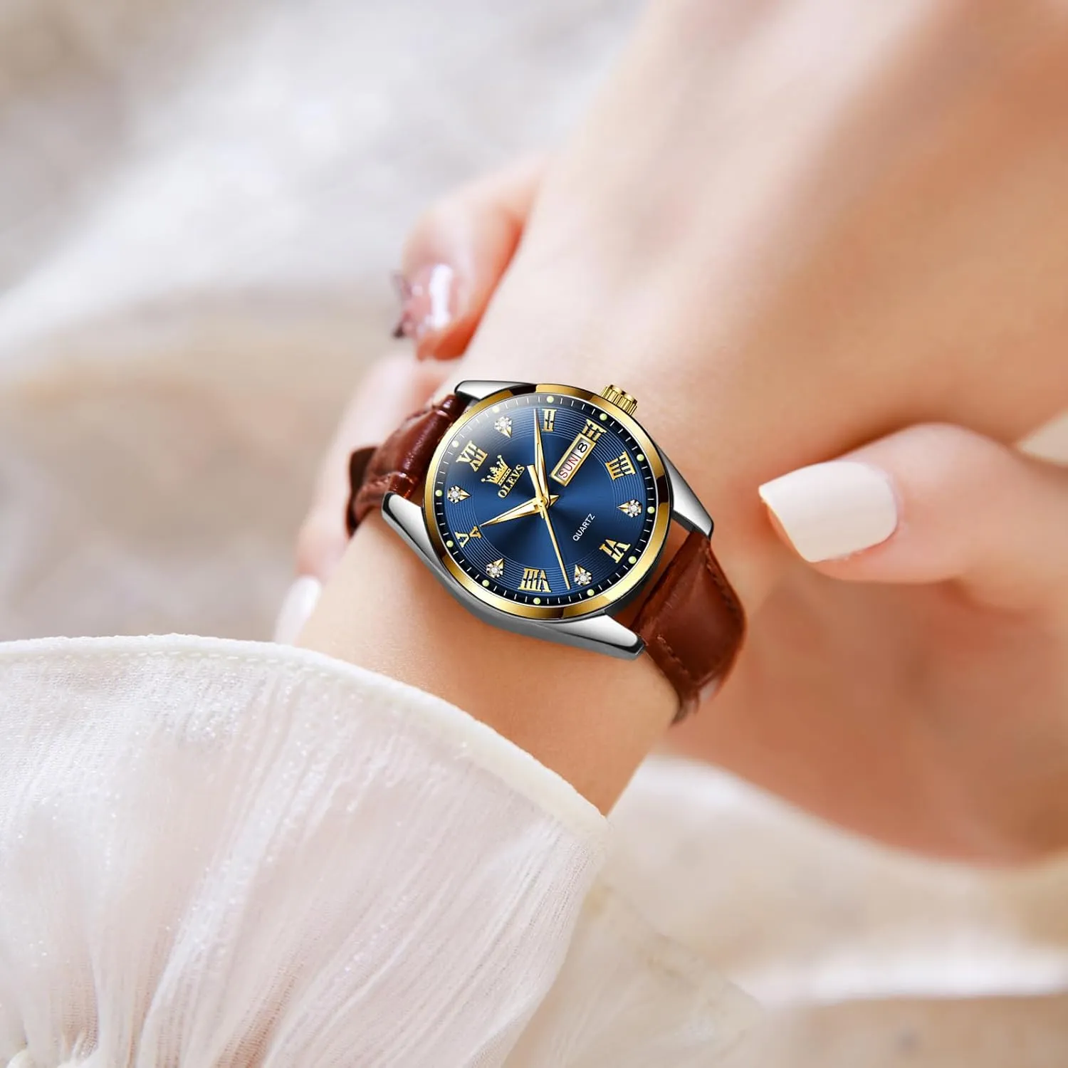 Analog Quartz Womens Wrist Watches Brown Leather Strap Relojes para Mujer OLEVS Classic Leather Watches for Women, Business Dress Diamond Roman Arabic Numerals Ladies Watches, Day Date execute staff astronomical Waterproof 