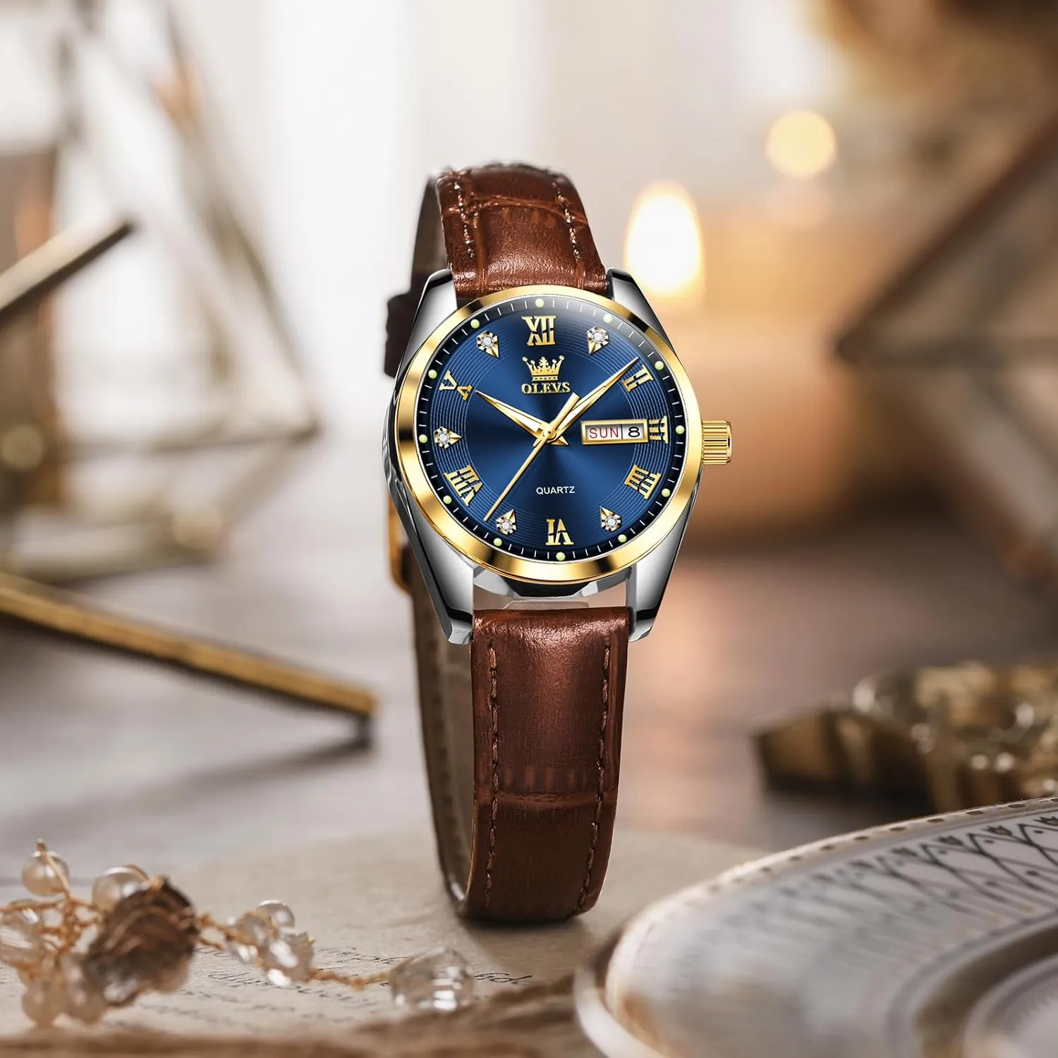 Analog Quartz Womens Wrist Watches Brown Leather Strap Relojes para Mujer OLEVS Classic Leather Watches for Women, Business Dress Diamond Roman Arabic Numerals Ladies Watches, Day Date execute staff astronomical Waterproof 