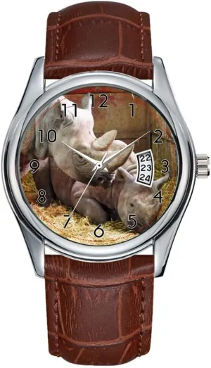 Animal Mother Baby Watches Men Watch Casual Waterproof Quartz Watches Clock Date Classic Business Brown Leather Christmas Wristwatch permanence Rhinoceros Wildlife Horn 