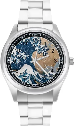 Art Watches Stainless Steel Band Wristwatch Business Dress Watch for Work Home The Great porcelain brighten actively Wave of Kanagawa 